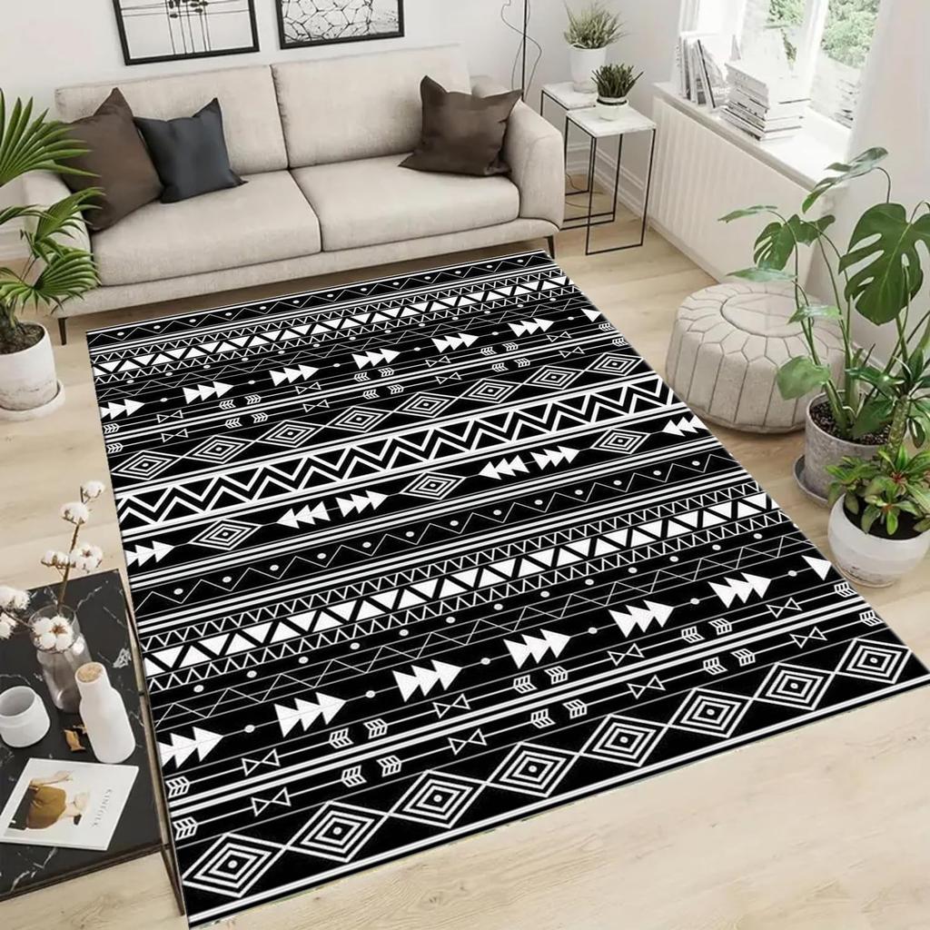 Geometric Black White Arrow Tribal Area Rug for Entryway Washable Carpet with Diamond Pattern Durable Floor Mat Cover