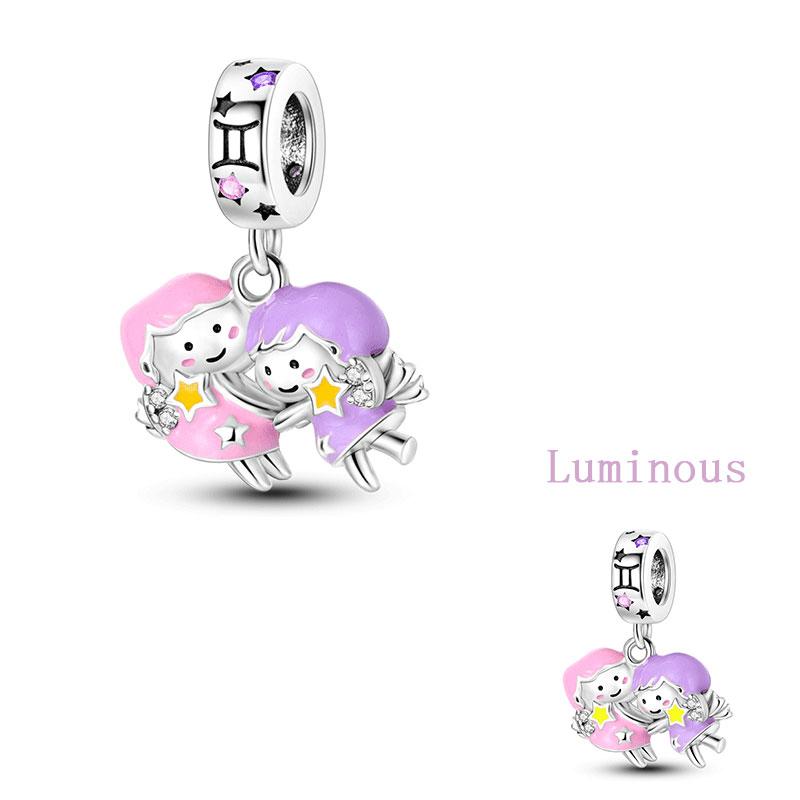 Original Copper Charms Luminous Zodiac Signs Beads Pendants For Women Fit Original Bracelet Necklace Diy Gift