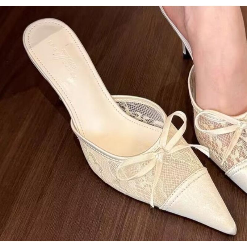 New Style Popular Mesh Embroidered Flowers Thin Heels Sandals Women Summer Sexy Slingback Pointed Toe Pumps Dress Shoes Sandals