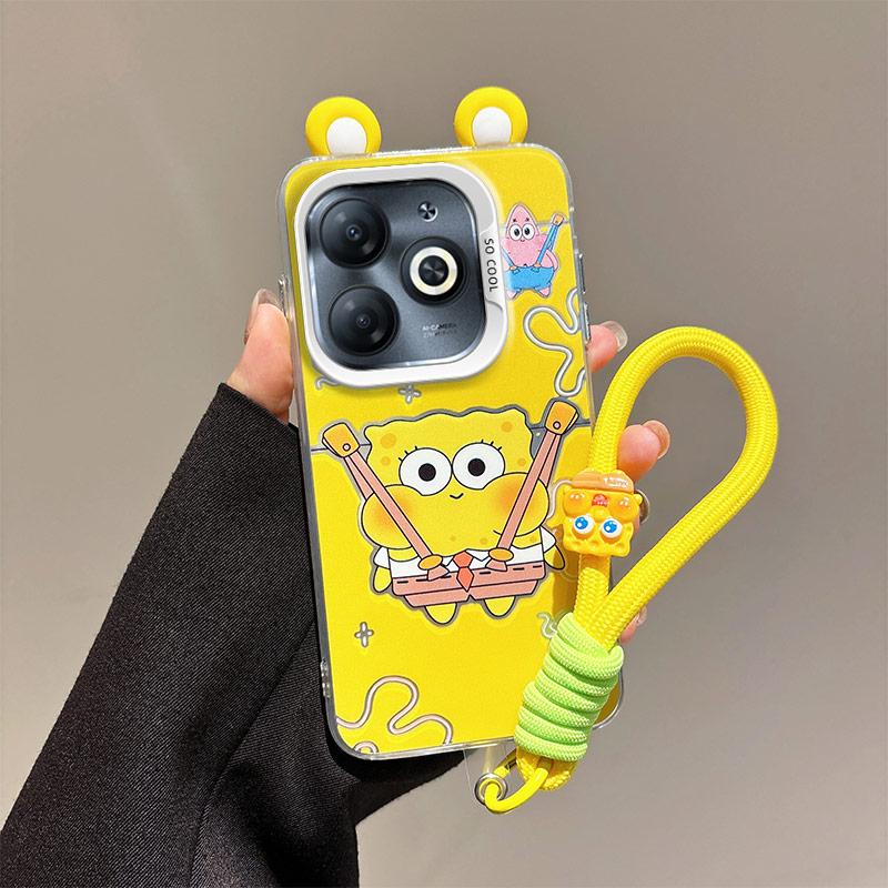 KEYSION Cute Ear Cartoon Case for Infinix Hot 40i with Lanyard Soft Silicone+PC Shockproof Phone Cover for Infinix Smart 8 HD