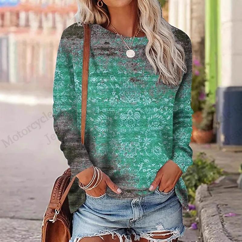 Ethnic Floral 3d Print T-Shirt Women's Crew Neck T-Shirt Casual Long Sleeve T-shirt Women Clothing Fashion Oversized Tops Tees