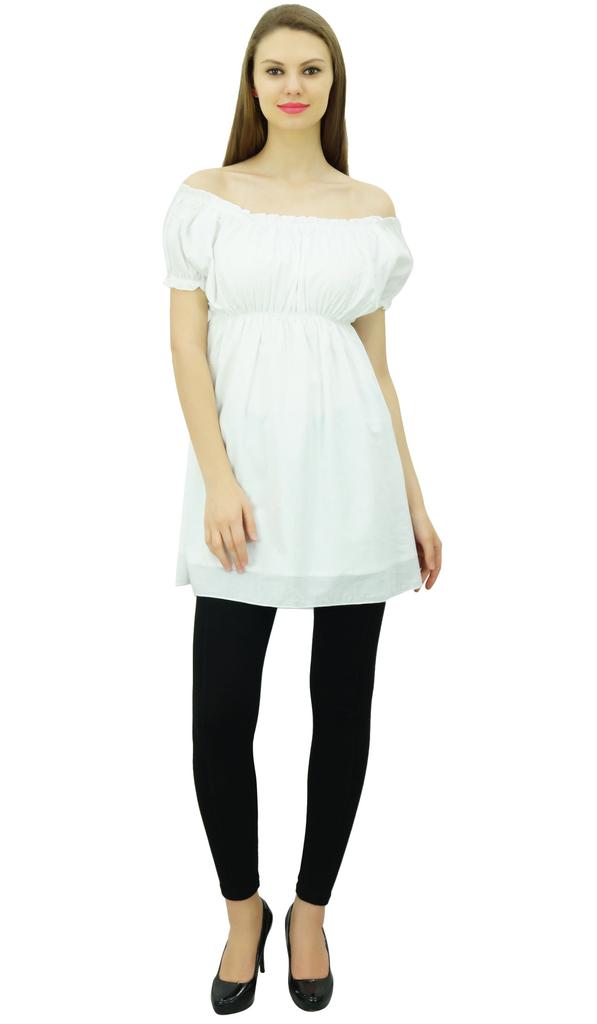Bimba Women's Off shoulder Puff Sleeve Tops Elastic Waist Blouse Cotton