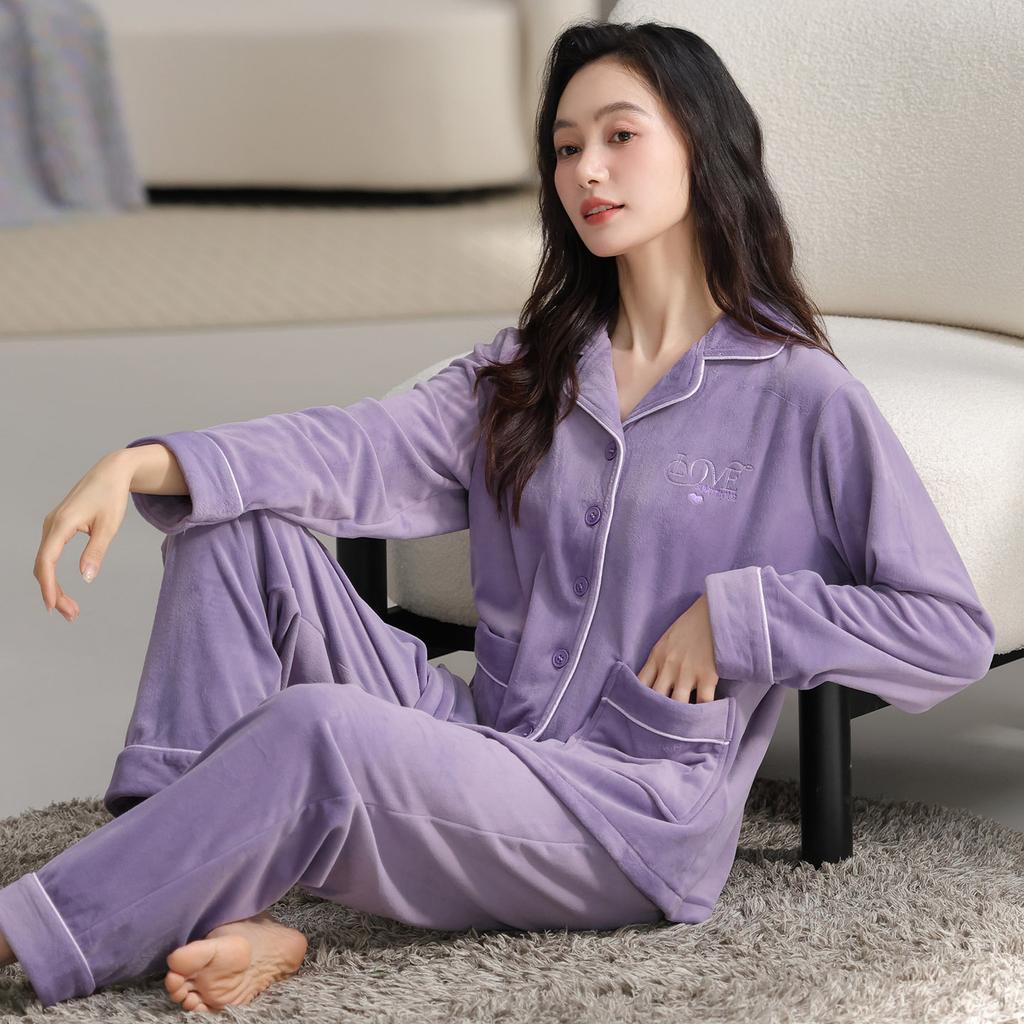 Women 2‑Pieces Pajama Set Long Sleeve Top & Pants Soft Warm Sleepwear Casual Home Loungewear Autumn Winter Nightwear For Ladies