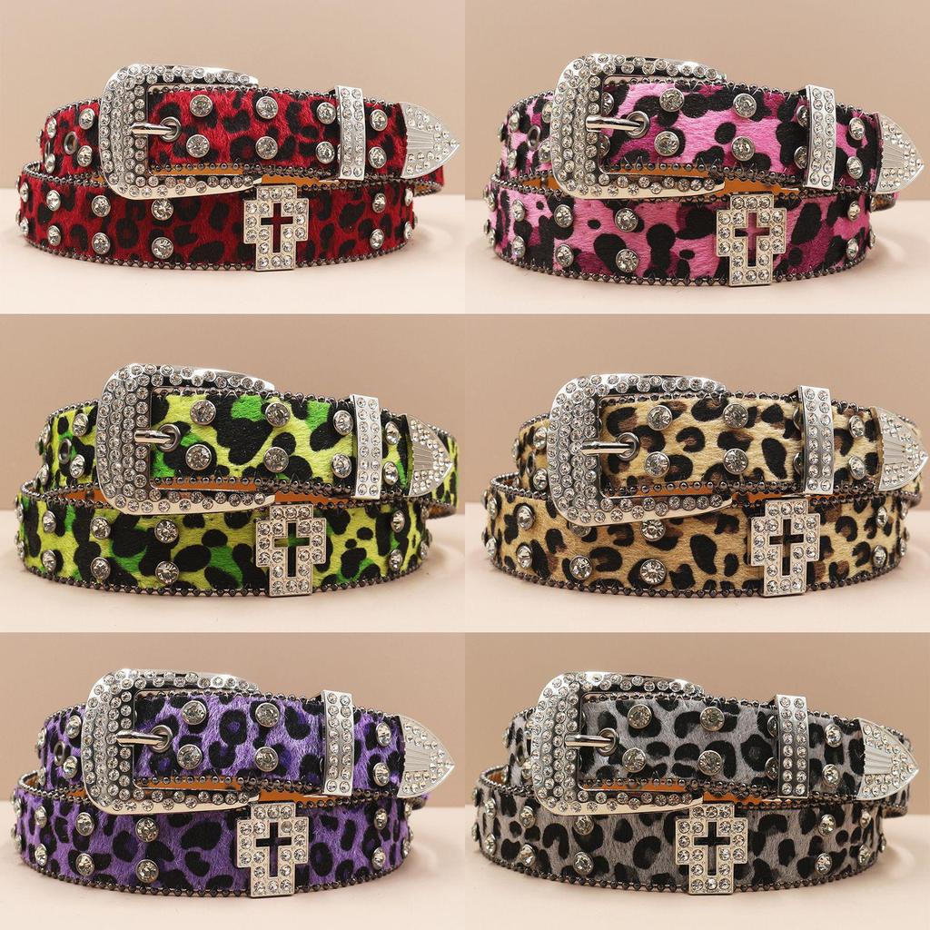 Pánské trendy džíny s leopardím vzorem, křížovým pasem a prémiovým koženým páskem