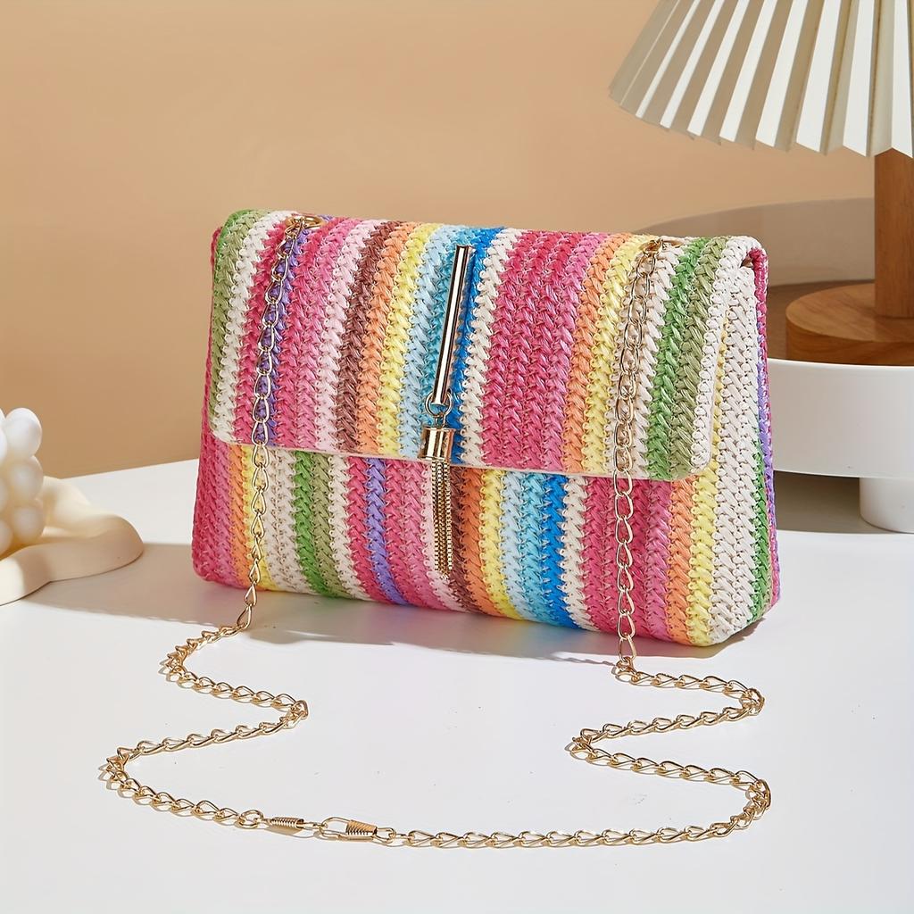 Borsa a tracolla chic a righe arcobaleno in paglia per donna, tracolla regolabile, chiusura magnetica, accento con nappa, portamonete quadrato
