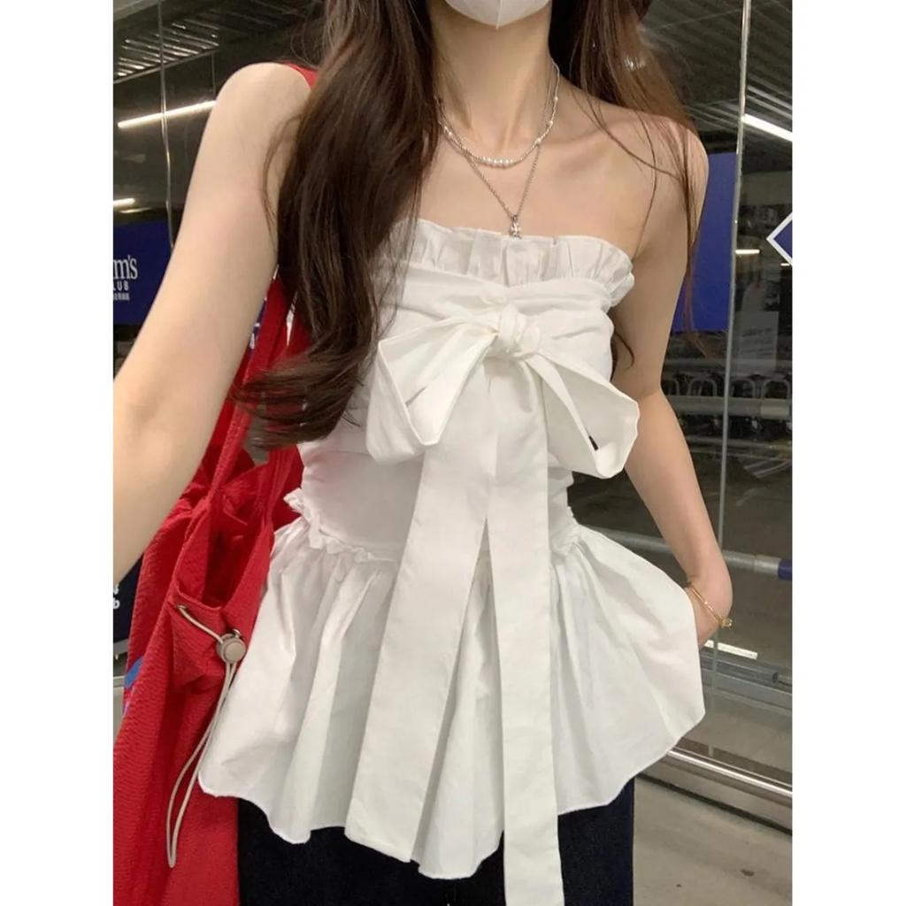 Women's Clothing SpicySweet Style Ruffle Bow Tie Halter Top Slim Fit Versatile Top