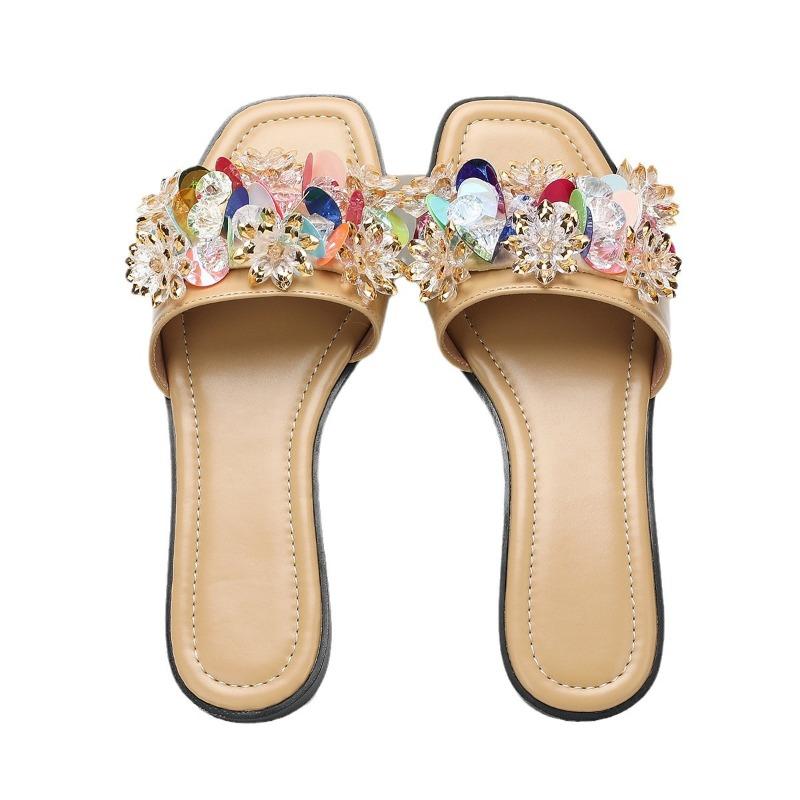 Fashion Colorful Rhinestone Flower Decoration Flat Slippers Women Lightweight Comfortable Slide Sandals Summer Beach Sandals for Women