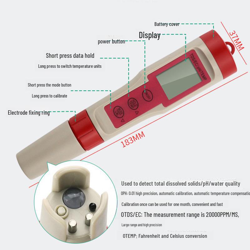 Three-in-one Water Quality Tester: TDS/PH/EC Detector Pen - Conductivity and pH Testing