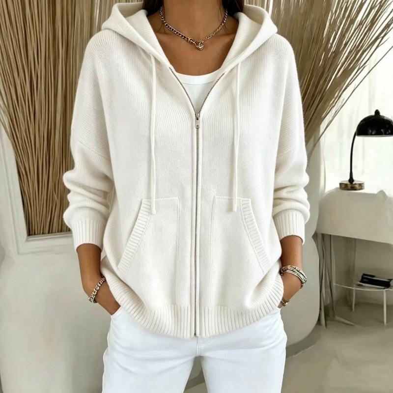 Womens Oversized Knit Hooded Zip-Up Cardigan Winter 2026 Solid Color Casual Sweater