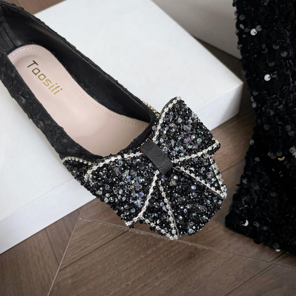 Square Head Temperament Celebrity Rhinestone Shoes Bow Women's Summer New Thick Heel with Skirt Single Shoes