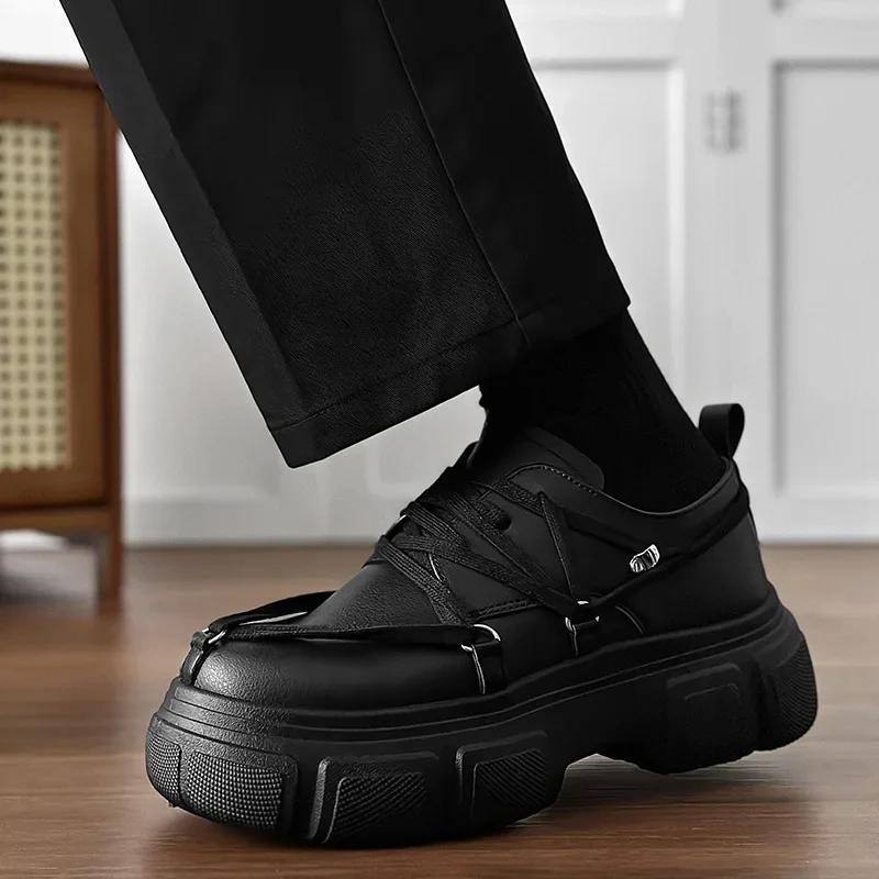 Men Shoes Thick Sole Increased Height Autumn Casual Comfort Non Slip Outdoor Lace Up Platform Korean PU Leather Sneakers 2025