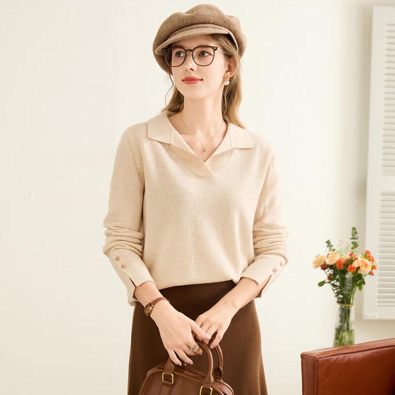 TUHUANG Women's Pure Wool Lapel Knit Sweater