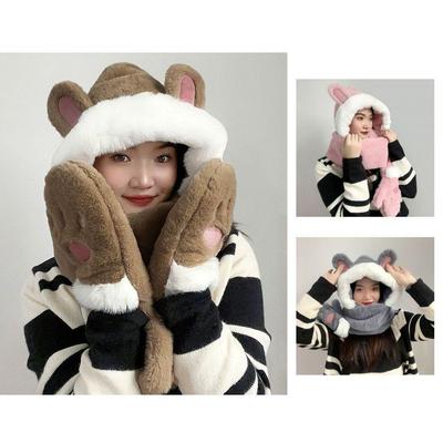 Glove-integrated Rabbit-ear Hooded Muffler Winter Hat Scarf