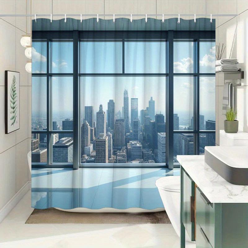 1pc Urban Cityscape Shower Curtain - High-Rise Buildings & Clear Sky, 70.8x70.8", 12 Hooks, Polyester, Washable & Durable