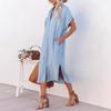 Women's Casual Loose Solid Color Short Sleeved Long Slit Shirt Dress with Shoulder Sleeves and Button Up Dress