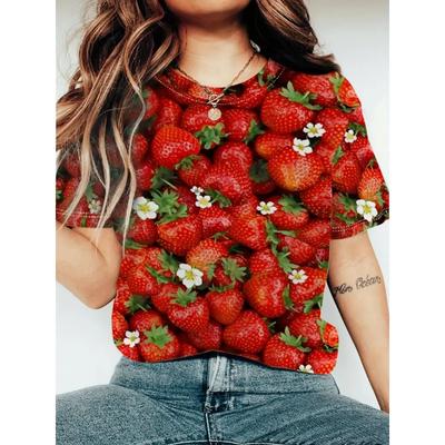 Women's Summer Round Neck Short Sleeved T-shirt with 3D Vibrant Strawberry Cherry Pattern Print Casual Top Washable Suitable for Outdoor Daily Wear