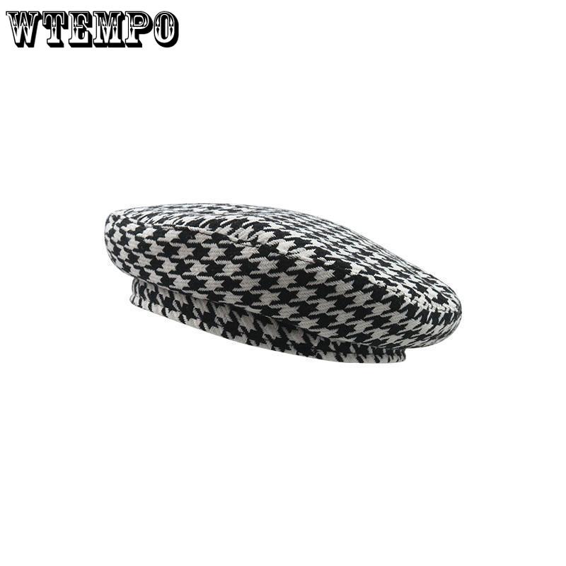 Autumn Winter Houndstooth Beret Hats for Ladies Casual British Flat Top Hat Elegant Wool Without Eaves Painter Hats