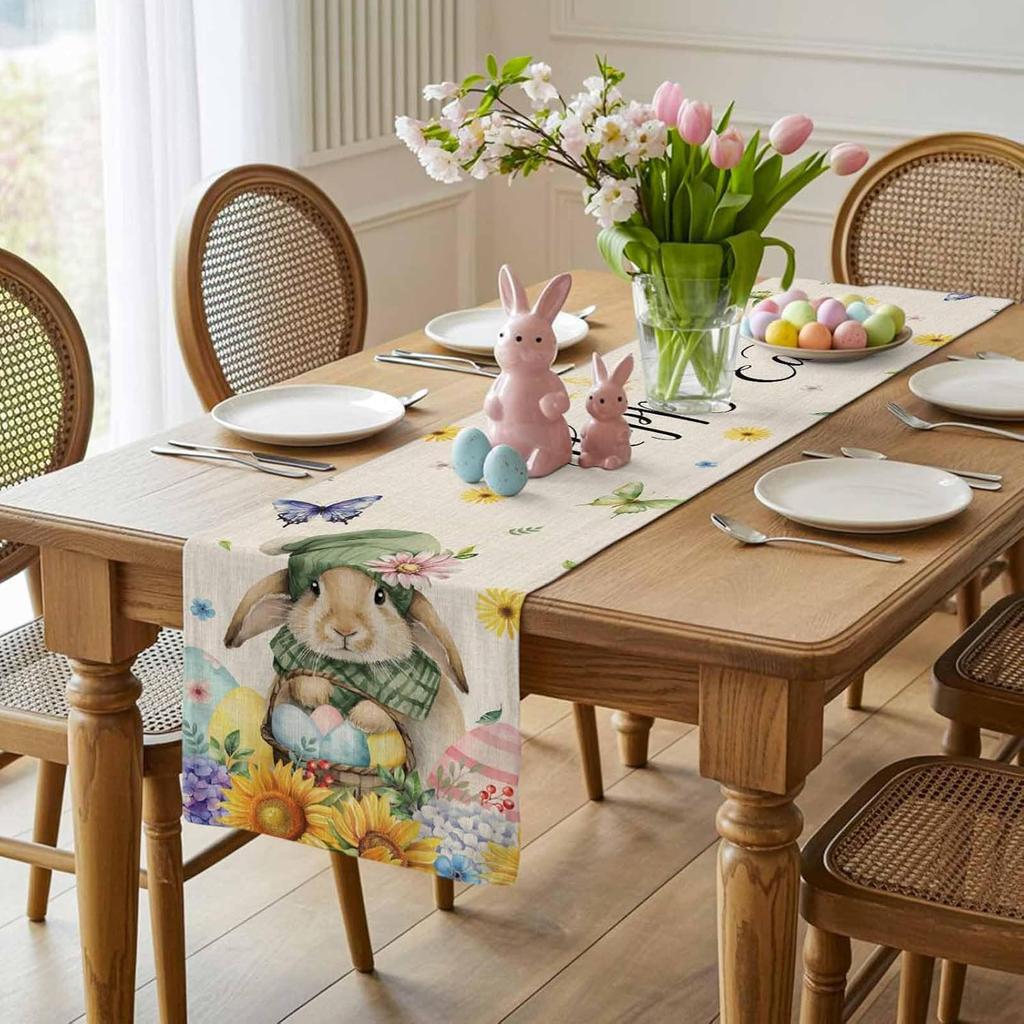 Happy Easter Bunny Floral Egg Linen Table Runner Party Decor Spring Sunflower Hydrangea Butterfly Table Runner Easter Decoration