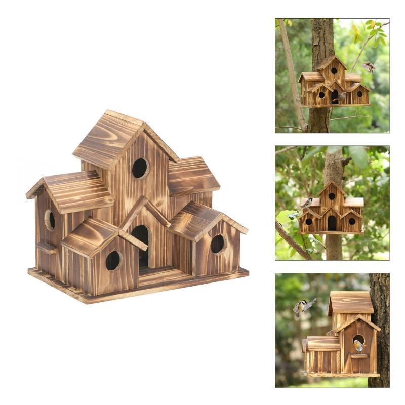Wood Bird Houses Feeder 6 Holes Wooden Birdhouse Hanging Sleeping Nest for Indoor Outdoor Birds Garden Decoration