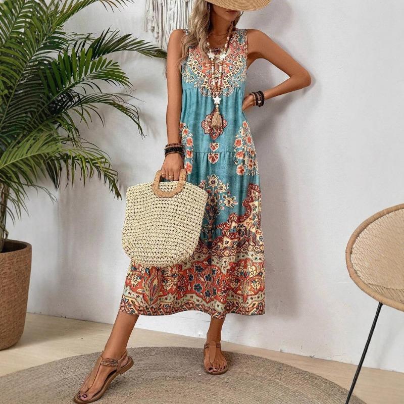 Printed Sleeveless V-neck Vest Dress Fashion Vacation Loose A-line Vintage Bohe Dress for Women O Neck Summer Elegant Fashion Casual Simple Clothing