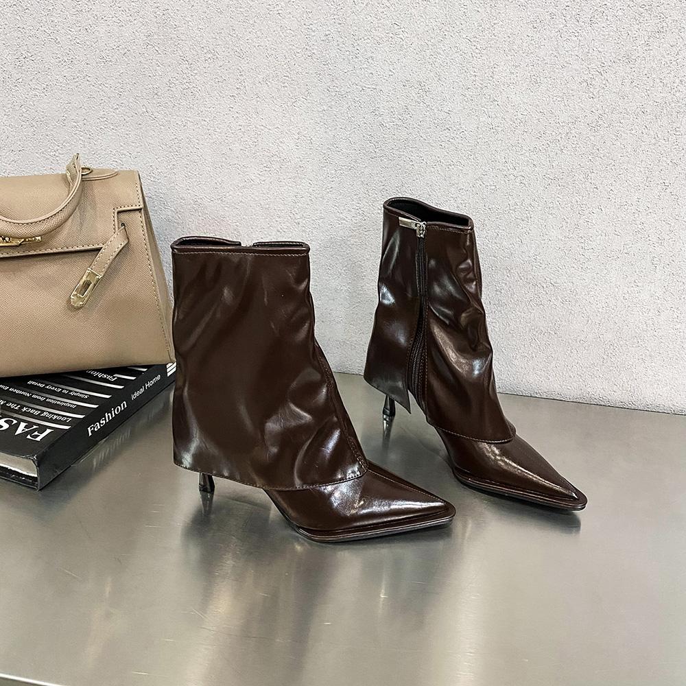 Móda Zimní Dámské Kozačky Střední Délky Špičaté Chelsea Boty Boční Zip Módní Jehlový Podpatek Párty Lodičky Velikost 35-40 Hnědá Bílá Černá