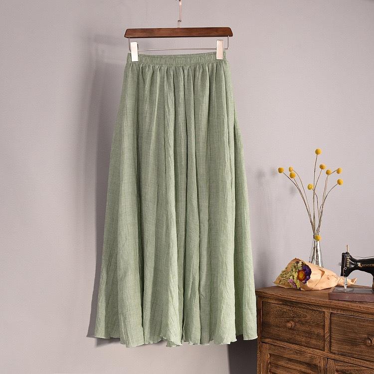 Women Summer Solid Vintage Pleated Long Skirts Ladies Elastic Waist Beach A-Line Skirt