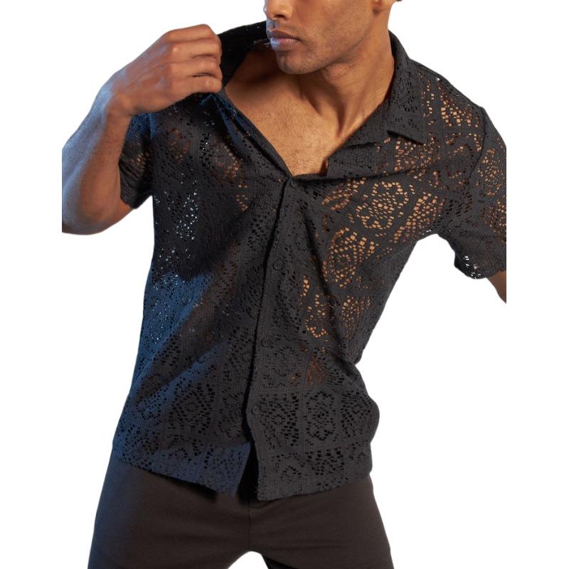 Herren Mesh Aushöhlendes Kurzarm Freizeit Hemd mit Knöpfen - Sommer Durchsichtiges Twist-Design