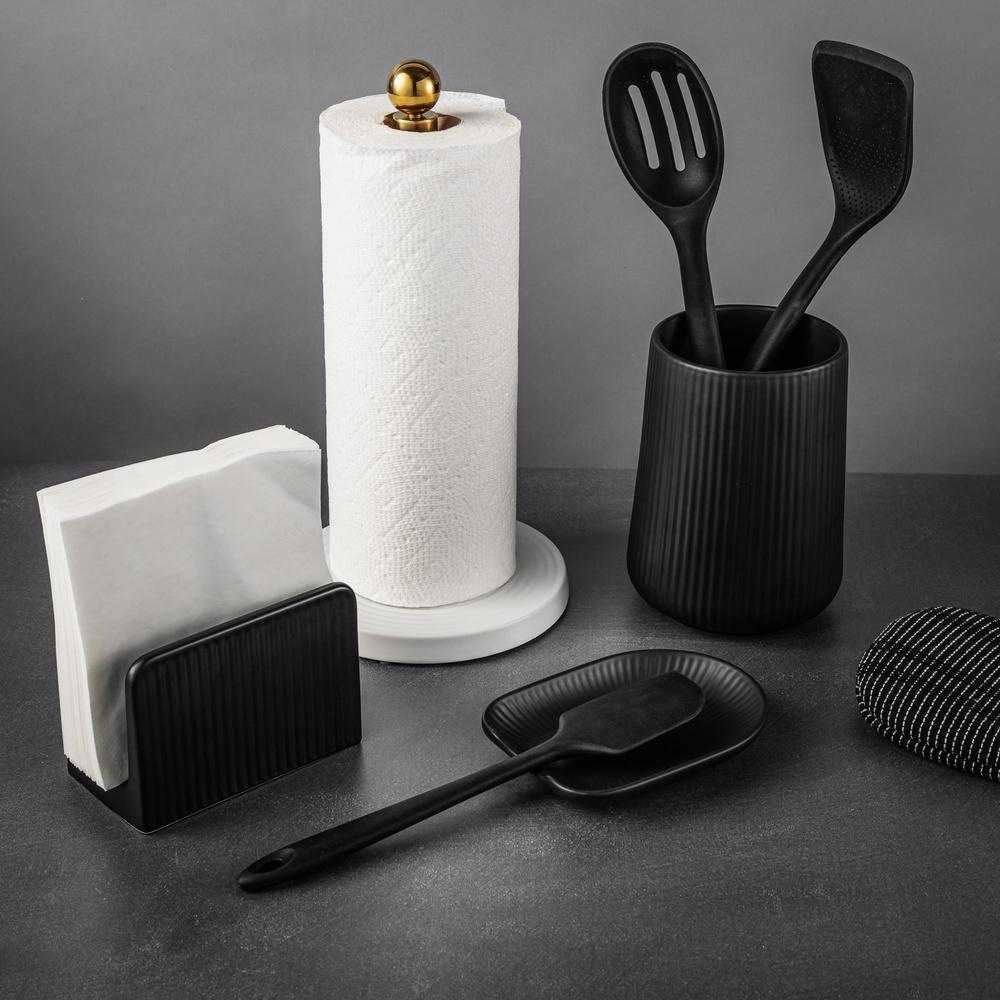 Durable Ceramic Spoon Rest Ribbed Design Kitchen Utensil Holder Heat Resistant Easy Clean Modern Style 7.91x5.83 Inch