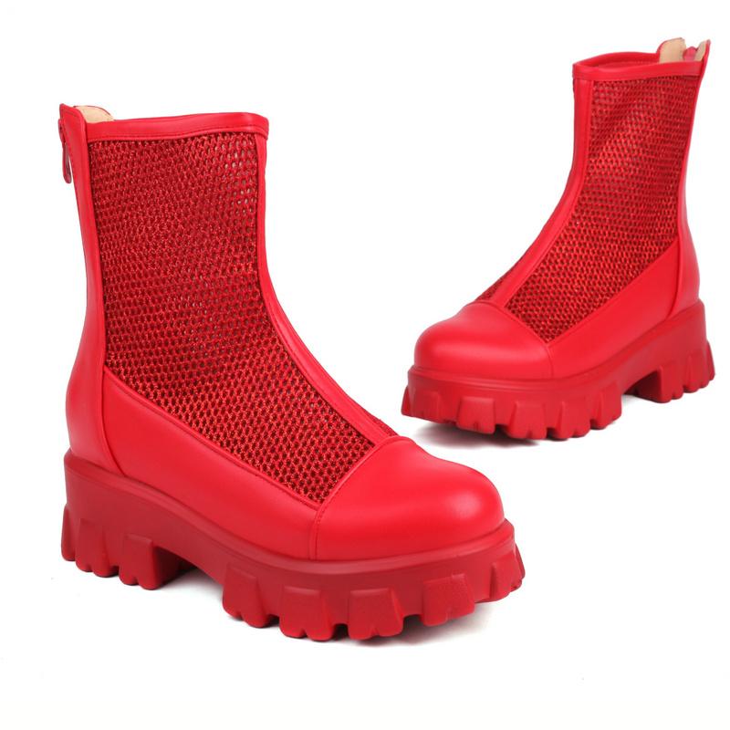 Women Ankle Boots Platform Chunky Heels Ladies Mesh Net Short Boots