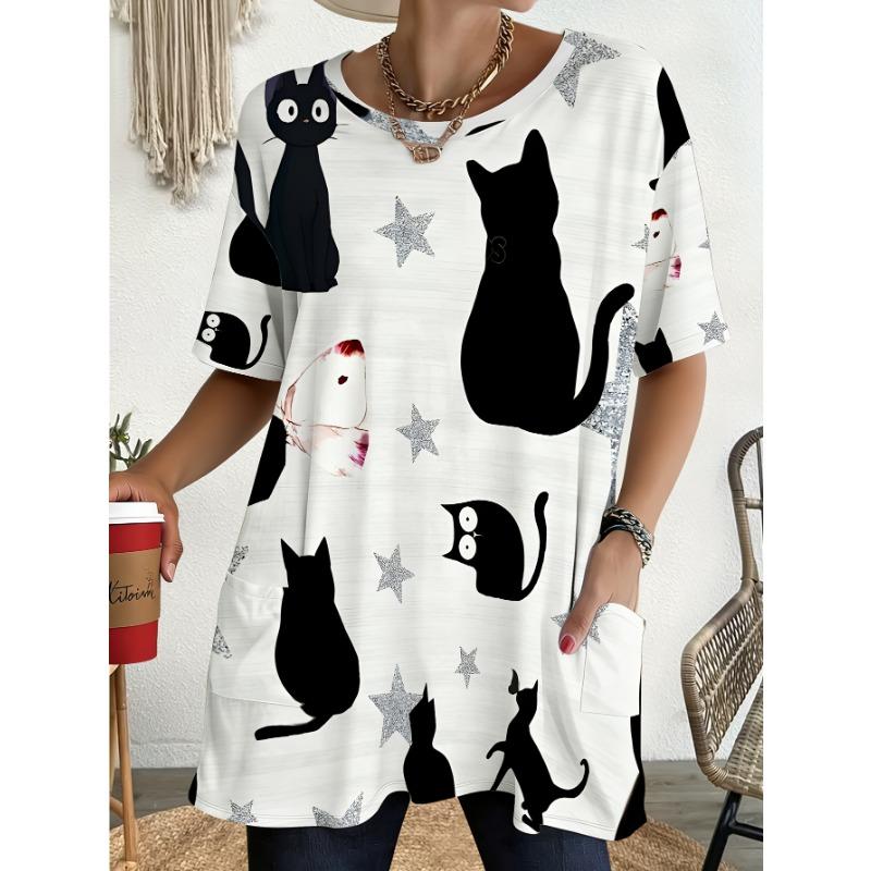 Women's Large Size Loose T-Shirt with Pockets - Full Body Black Cat and Star Print Round Neck Casual Summer Top