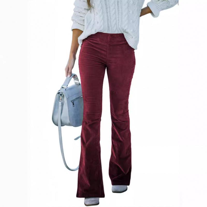 2026 Spring/Summer Women's Solid Color High-Waisted Slim Fit Slight Flare Corduroy Elastic Waist Casual Pants