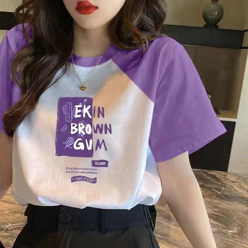 

Summer Color Block Printing Letter Blouse Women Classic Short Sleeve O-collar Loose Korean All-match Affordable Lady Top XXL фиолетовый