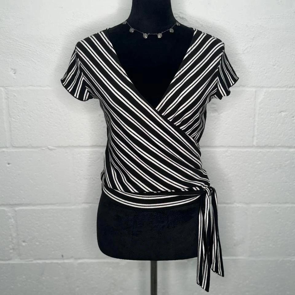 

Early 2000s FANG Black & White Striped Faux Wrap Top XL