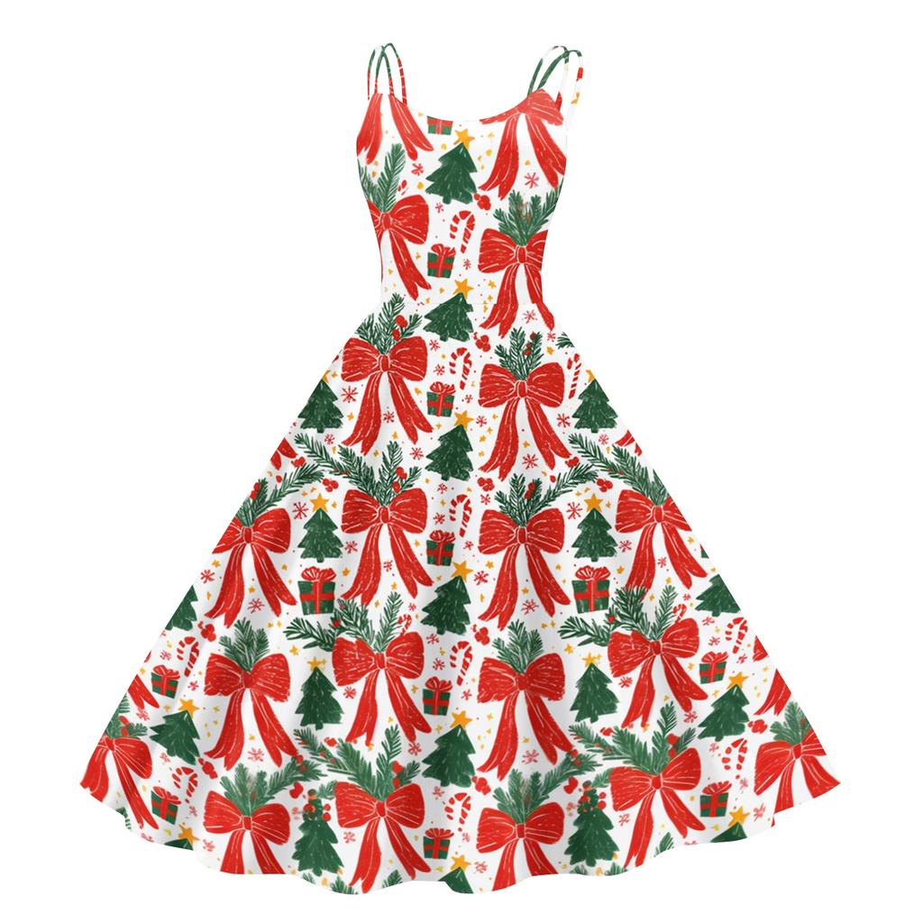 Damen Weihnachtsdruck Off-Shoulder Vintage Kleid für Weihnachtsfeier und Clubwear