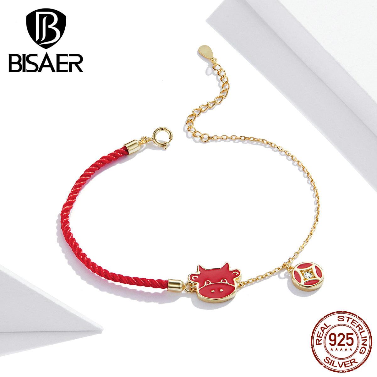 

BISAER браслет Lucky Calf из стерлингового серебра 925 пробы, красная веревка и цепочка золотого цвета, женские модные браслеты, ювелирные изделия, подарок золотой