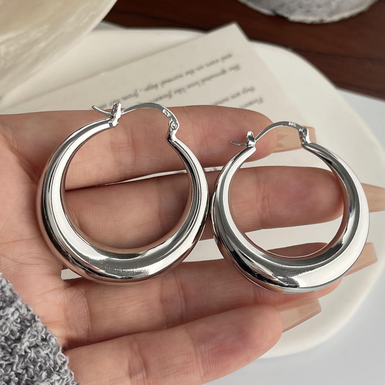 

925 Sterling Silver Vintage Earrings For Women Trendy Simple Round Big Earring Jewelry Prevent Allergy Party Accessories Gift