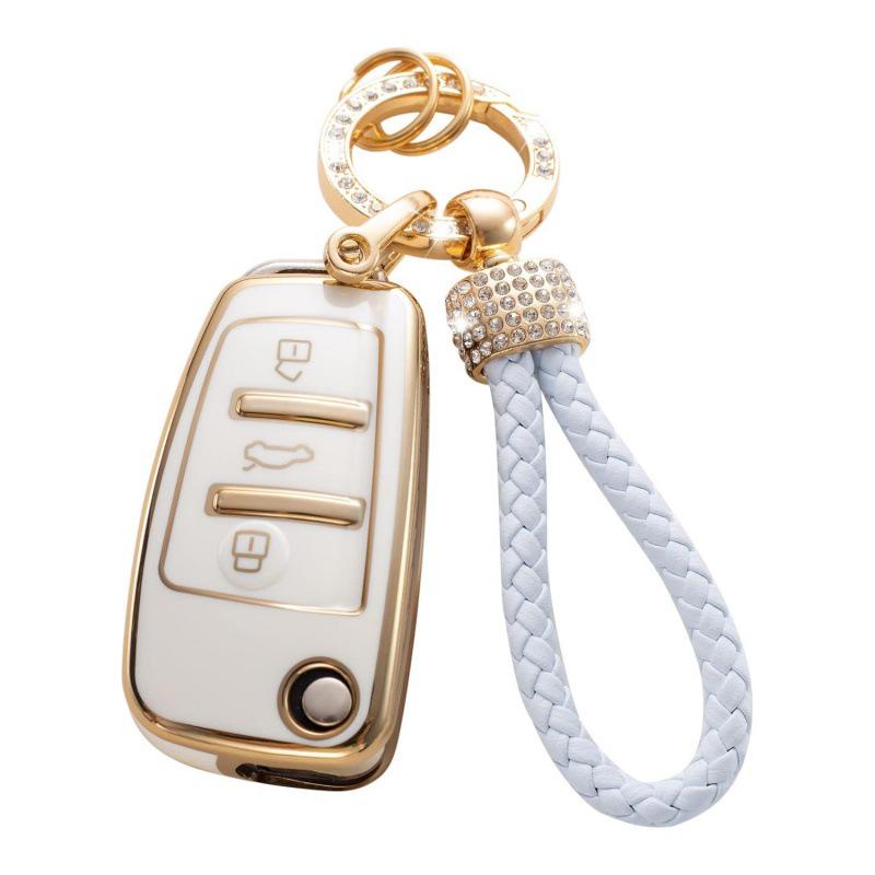 Gold-Rimmed Car Key Set with Diamond Ring Pendant Key Chain