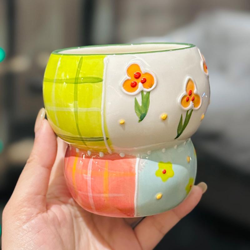 

Creative Embossed Flower Lattice Cup Niche Design Ceramic Goblet Home Breakfast Milk Oatmeal Cup Souvenir 400ml