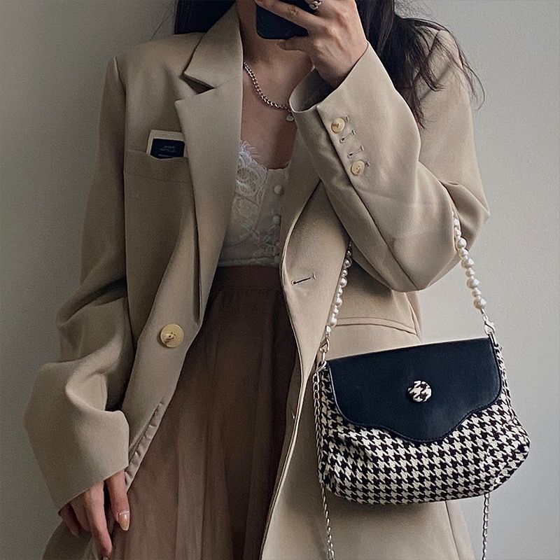 Niche Design Contrasting Color Chain Underarm Bag for Women's High-end Houndstooth Pearl One-shoulder Crossbody Bag New Trend