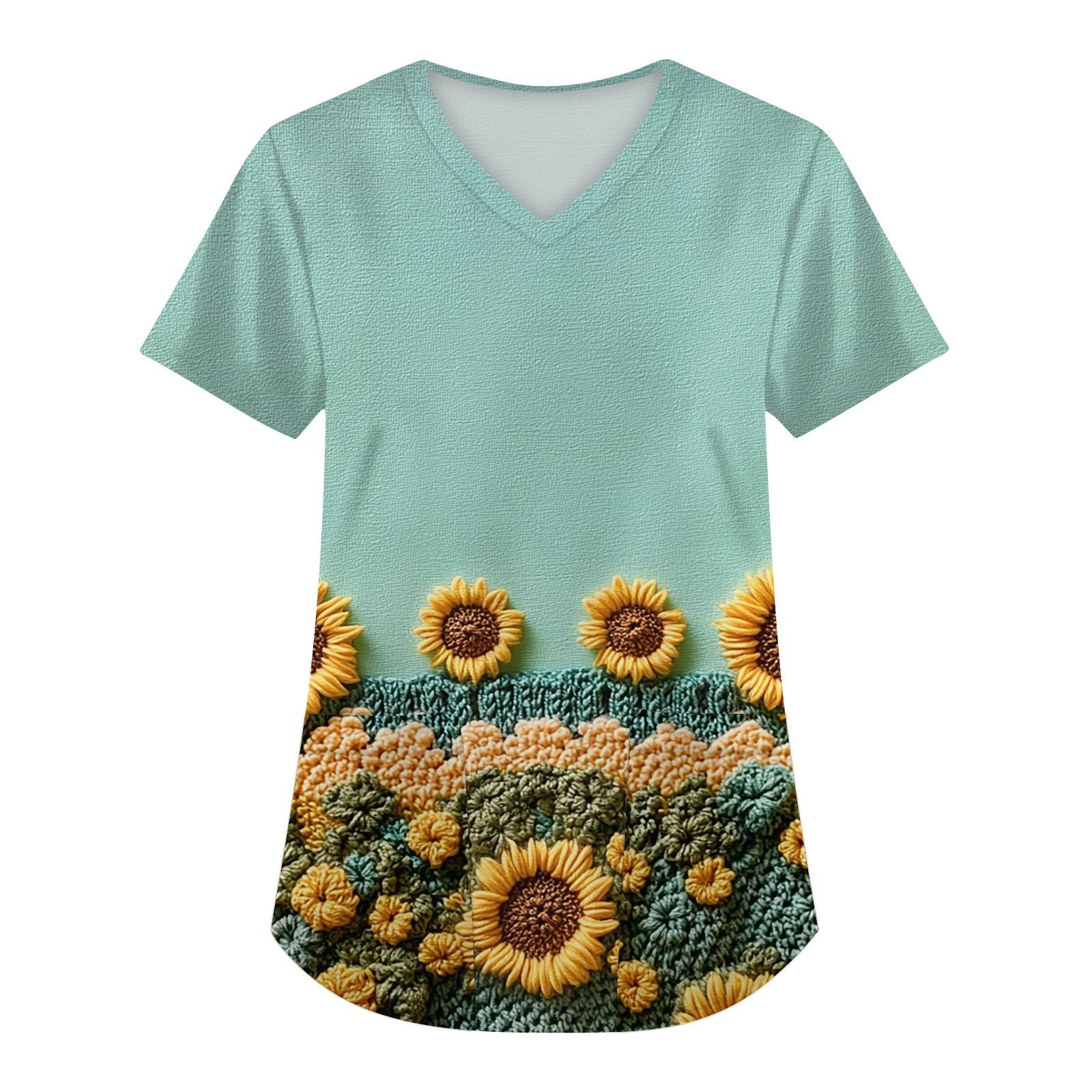 

Женская мода с коротким рукавом и V-образным вырезом с карманами и цветочным принтом Топы Одежда XL