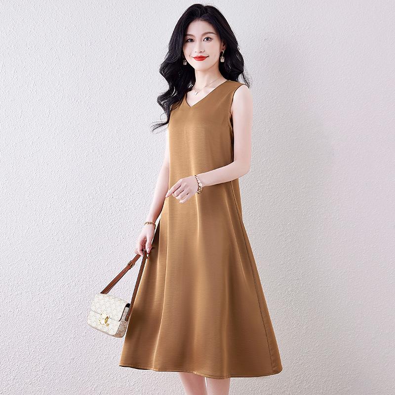 Satin V-neck Suspender Dress Women's Spring and Summer Sleeveless Solid Color Vest Long Dress Small Black Dress