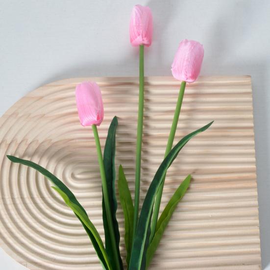 Artificial Flowers 3-Head Silk Tulip Bouquet with Bendable Iron Wire Stem Faux Floral Arrangement Wedding Decorations Photography Props