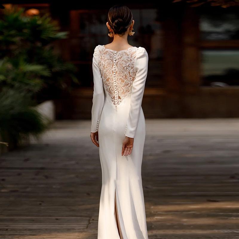 White Bridal Light Wedding Dress Summer Long-sleeved Satin Simple Temperament Socialite Banquet Host Mori Evening Dress Dress Dress