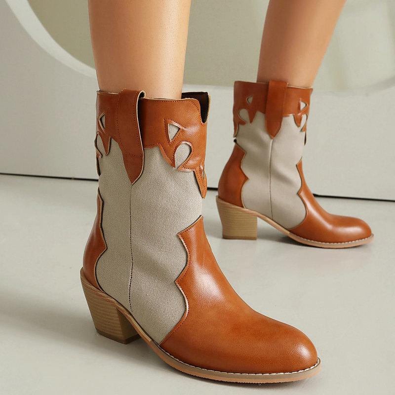  short boots round head thick heel high heel V-mouth western cowboy boots color matching autumn and winter mid-tube knight boots