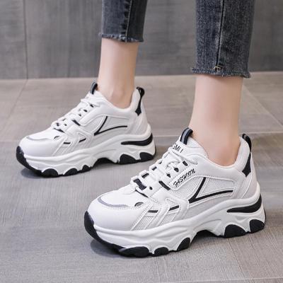 Damskie modne sznurowane sneakersy casualowe lekkie buty do biegania z miękką podeszwą 6 cm gruba podeszwa siateczkowe oddychające buty sportowe