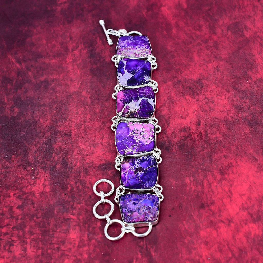 Purple Sea Sediment 925 Solid Sterling Silver Bracelet with Adjustable Chain, Handmade Gemstone Designer Jewelry Bracelet