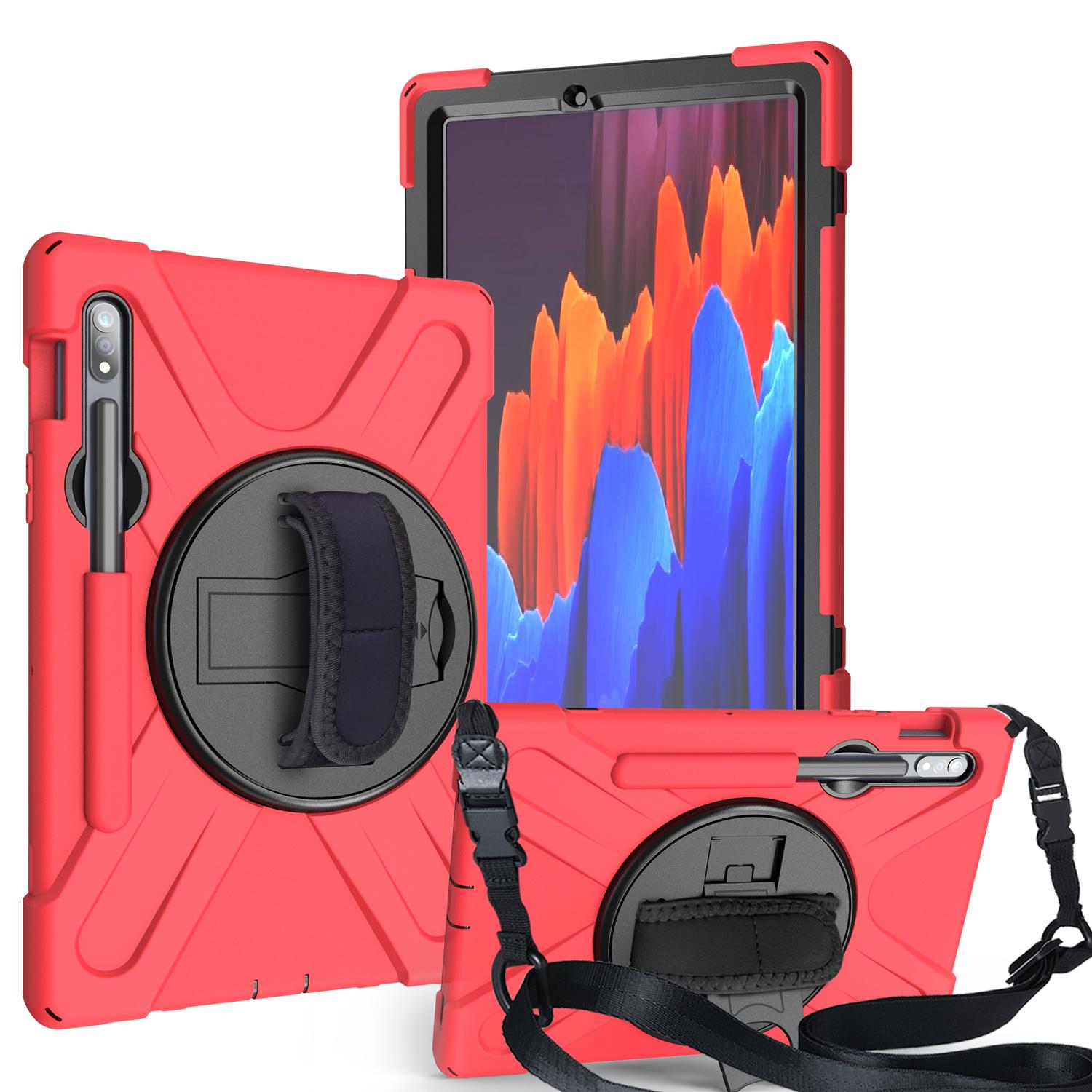 

Прочный чехол для планшета Samsung Galaxy Tab S7 S8 Plus T870 T970 X700 X800, вращающаяся подставка, ремешок для ручки, противоударный чехол Tab S7 T870 T875 красный