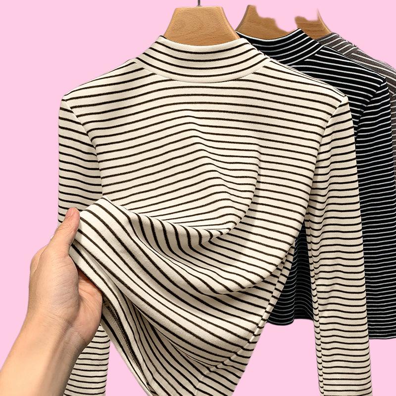 Autumn Winter Half Turtleneck Bottoming Shirt for Women with Retro Black and White Striped Long-sleeved T-shirt Tops for