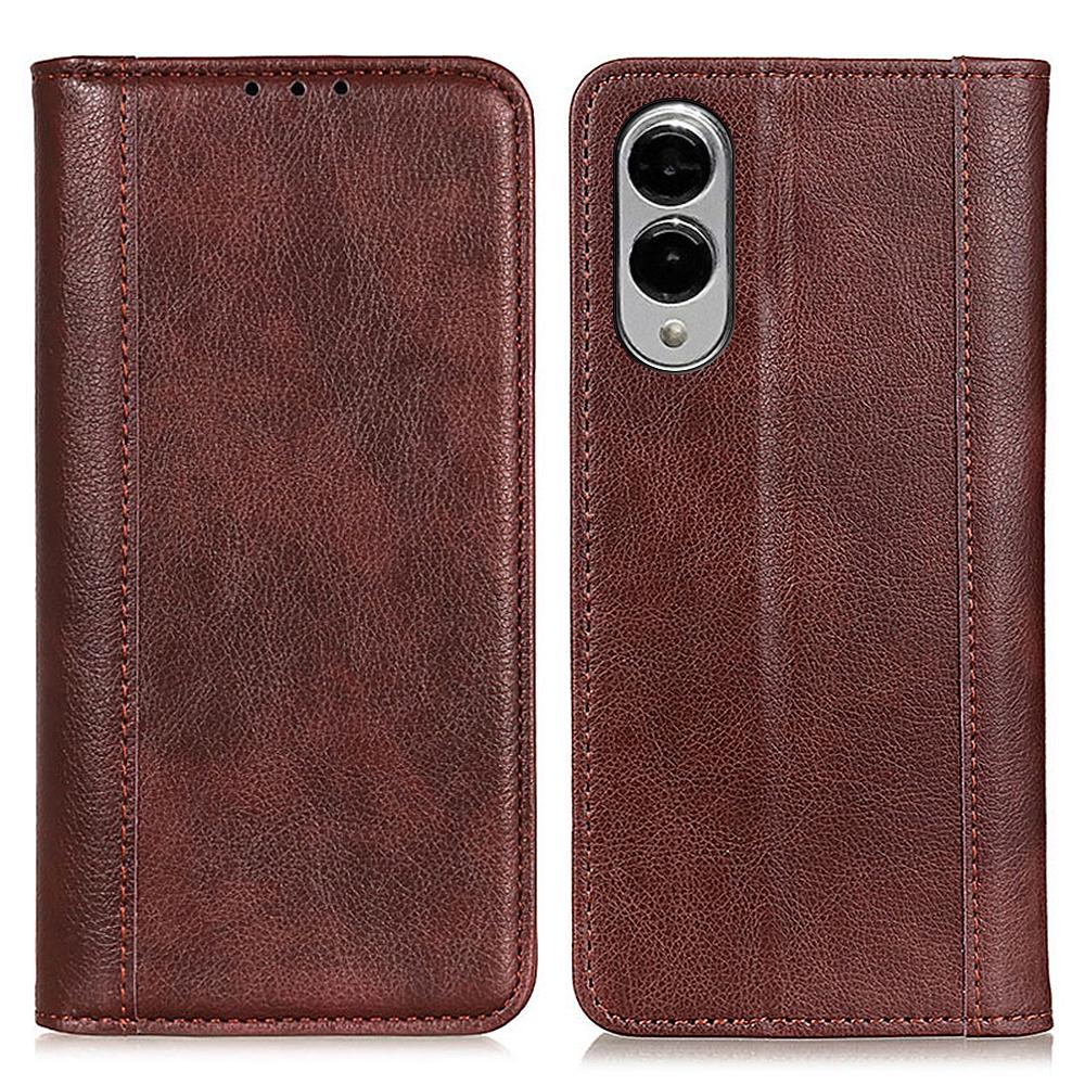 

For Samsung Galaxy S25 Edge Stand Case Split Leather Litchi Texture Wallet Phone Cover Brown