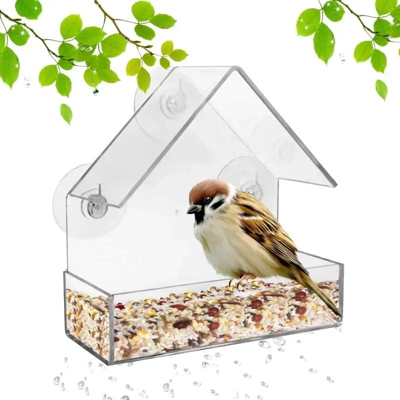 Acrylic Clear Glass Window Birds Hanging Feeder Birdhouse Food Feeding House Table Seed Peanut Suction Cup